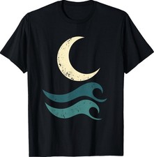 Crescent Moon Teal Ocean Waves Minimalist Coastal Art T-Shirt picture