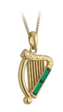 Solvar Gold Plated Pendant Harp with Green Crystal Stones on an 18