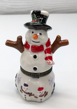 VTG Mini Ceramic Christmas Snowman Top Hat Trinket Box w/Miniature Figurine 4