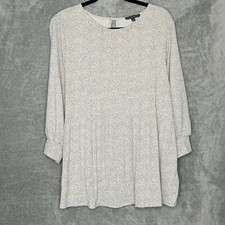 Adrienna Papell 1X Shirt Top Beige Black Polka Dot 3/4 Sleeve Round Neck Stretch picture