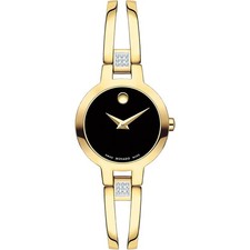 MOVADO AMOROSA 0607155 BLACK DIAL GOLD BRACELET STAINLESS STEEL 24MM WOMEN WATCH picture