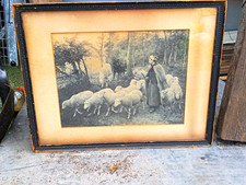 Antique Matted & Framed Landscape Print Shepherd With Sheep Animal Theme, 1901  picture