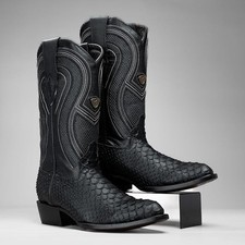 Men's J  Toe Python Snakeskin Leather Cowboy BootsPrint, black botas vaqueras picture