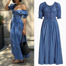 NWT Doen Ischia Cotton Voile Smocked Midi Dress Cassis Check Blue Plaid picture