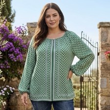 Max Studio Long Sleeve Pleated Scoop Neck Blouse Top Geometric Green 1X picture