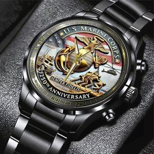 Personalized Us Marine Corps 250Th Anniversary Black Stainless Steel Watch picture