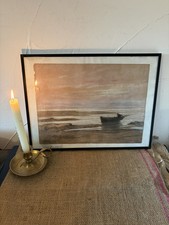 Vintage French Pastel on Paper Seascape Beach Panoramic Drawing Painting Picture picture