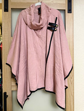 bebe Pink/Black Solid Long Oversized Poncho Cape Wrap Button Accent M/L picture