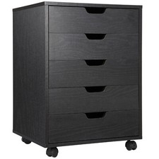 5 Drawers Chest Wooden Dresser Storage File Cabinet for Bedroom w/ Wheels Black picture