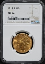 1914-S $10 Gold Indian Eagle Coin NGC MS62 Key Date Low Pop picture