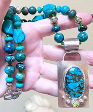 GORGEOUS Artisan Sterling Silver Genuine Turquoise, Chrome Diopside Necklace picture