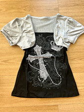 Y2K McBling Rhinestone Cross Graphic Top with Gray Bolero picture