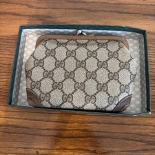 Vintage Gucci GG Monogram Kiss Lock Leather Coin Purse Wallet Beige Brown Italy picture