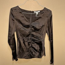 Elizabeth & James Black Adela Ruched Silk-blend Satin Blouse Top Sz 10 NWT $295 picture