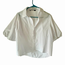 ZARA White Cotton Woven Collared Button-Up Puff Short Sleeve Blouse M picture