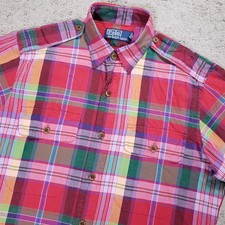 Vintage Polo Ralph Lauren Shirt Men S Red Madras Plaid Epaulets 90s Workshirt picture