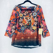 Energe World Wear Top Womens XL Multicolor 3/4 Sleeve Blouse Cat Halloween NWT picture