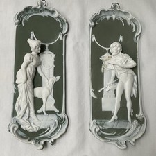Antique Schafer & Vater Green Pair Of  Wall Plaques Courting Couple 6479A & 1B picture