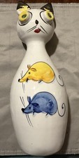 Cat Piggy Bank White Yellow Big Eye Vintage Ceramic Art with Mice  picture