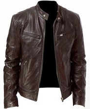Cafe Racer Biker Leather Jacket Black & Brown Soft Sheep Skin Leather picture