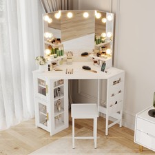 Corner Vanity Desk and Stool, Corner Makeup Vanity with LED Lighted Mirror picture