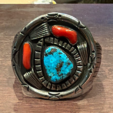 Navajo Silver Cuff Bracelet Turquoise & Coral Bezel Set Adjustable picture