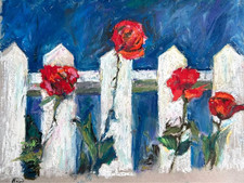 Original Oil Pastel Painting, Roses by the Fence 11x8.5in,Floral Wall Art,Signed picture