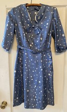 Vintage GORGEOUS 1940s Blue Star Pattern Dress A-Line Medium picture