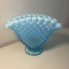 Vintage FENTON Blue Opalescent Hobnail Fan Vase Glass Ruffled Crimp Edge 3.5”H  picture