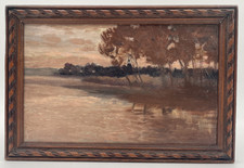 1908 French Antique River Landscape Autumn Oil on Panel Signed and Dated Framed picture
