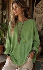 Easel Mineral-Washed Green Oversized Top With Colorful Stitched Detail, S picture