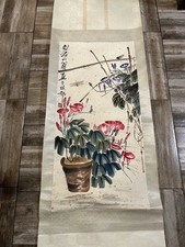 Vintage Chinese Watercolor Flowers Insects Hanging Scroll Painting Qi Baishi picture