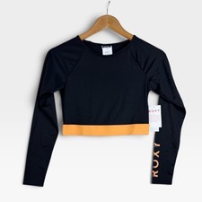NWT Roxy Fitness Long Sleeve Cropped Rashguard Size Medium Black Orange picture