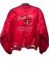 VTG 80’s Kenosha Wisconsin ‘Frankie’ Satin Bomber Jacket Men's XL Red Buzz Bar picture