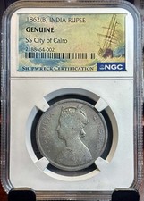 1862B India One Rupee Queen Victoria SS City of Cairo Shipwreck Coin NGC Graded picture