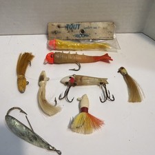 Vintage 8 PC Lot Fishing Lures TOUT Shrimp Tail Pkg 1920’s Silver Johnsons Lure picture