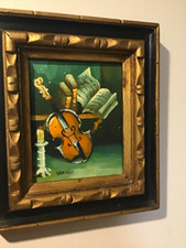 VAN HOOT Framed Signed Still Life Painting Violin, Books & Candle picture