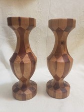 Rare Vintage signed D. Rhudy Pair of Wooden Checkered Turned Candlesticks 8.5
