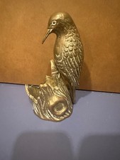 Vintage MCM Brass Woodpecker Bird Tree Trunk Stump Brass Vase Holder 7” picture