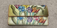 MAGNIFIQUE Hand-Painted Leather Clutch Wallet Anuschka-Inspired Green W Flowers picture