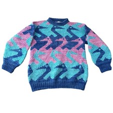 Hand Made VTG Ecuador Wool Sweater Medium Geometric Bird Chunky Knit Pullover picture