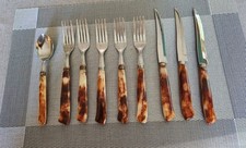 Vintage MB Hollow Ground Galaxie Steak Knives Faux Horn Handles Japan MCM picture