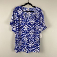 Croft & Barrow Floral Blouse Size 3X Blue White Short Sleeve V Neck picture