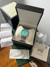 Gucci 25H Swiss Made Turquoise Dial Stainless Watch w/ Box Papers picture