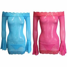 Set of 2 Flirtzy Sexy Sheer Mesh Bell Sleeve Mini Dress and Thong Lingerie picture
