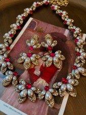 Vintage Pearl Flower Jewelry Set Red Crystal Statement Necklace Earrings Gold picture