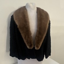 Vintage 60s Black Woven Floral Corde Ribbon Jacket With Brown Mink Collar | M picture