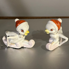 MCM Hand-Painted Ceramic SkiingDuck Figurines Pair, White with Orange Hats 1950s picture
