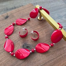 Vintage Red Lucite Statement Necklace Earring Set Retro 90s Chunky Bead Jewelry picture