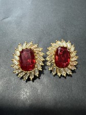 Christian Dior Authentic Vintage Ruby Crystal Gold Clip Earrings Excellent  picture